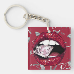 Red shattered glass and diamonds keychain