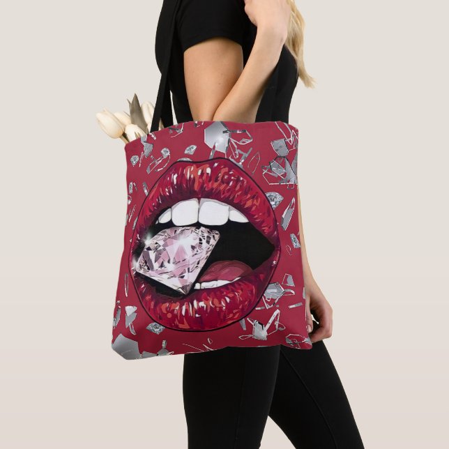 Red shattered glass and diamonds tote bag (Close Up)