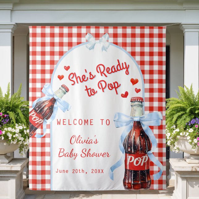 Red She's Ready to Pop Baby Shower Backdrop (Red & Blue She's Ready to pop baby shower decoration backdrop)