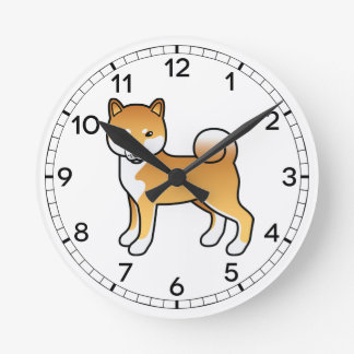 Red Shiba Inu Cute Cartoon Dog Illustration Round Clock