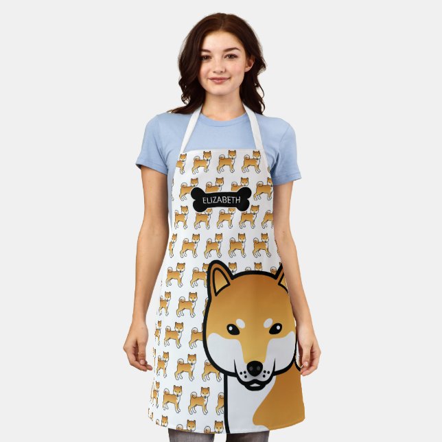 Red Shiba Inu Cute Cartoon Dog & Name Apron (Worn)