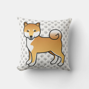 Red Shiba Inu Cute Cartoon Dog & Paws Throw Pillow
