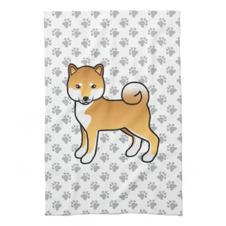 Red Shiba Inu Cute Cartoon Dog With Paws Pattern Kitchen Towel