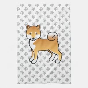 Red Shiba Inu Cute Cartoon Dog With Paws Pattern Kitchen Towel