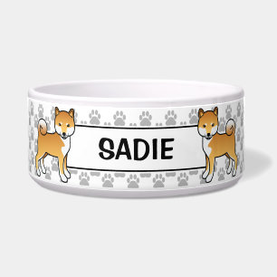 Red Shiba Inu Cute Dog With Pet's Name Bowl