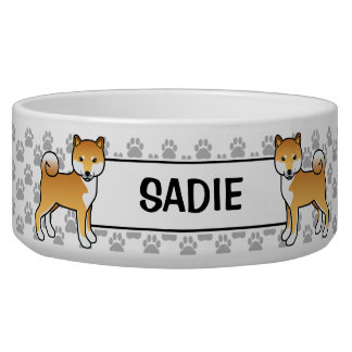 Red Shiba Inu Cute Dog With Pet's Name Bowl