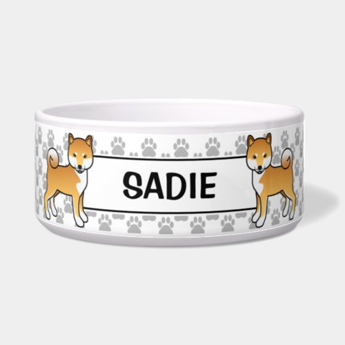 Red Shiba Inu Cute Dog With Pets Name Bowl