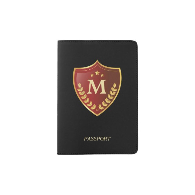Red Shield Gold Monogram Passport Holder (Front)