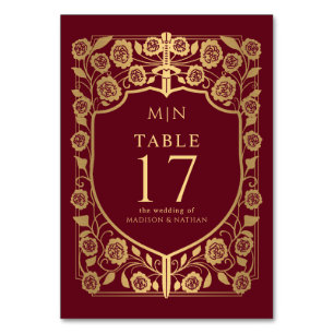 Red Shield Medieval Fantasy Monogram Wedding Table Number