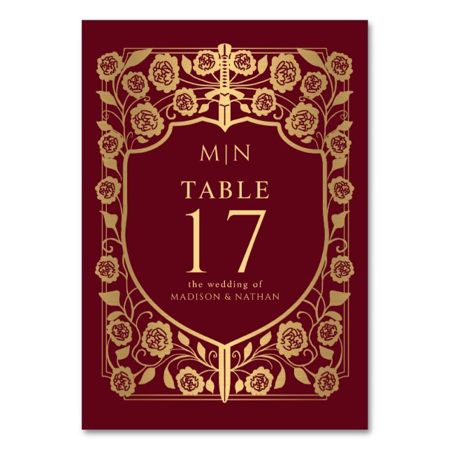 Red Shield Medieval Fantasy Monogram Wedding  Table Number (Front)