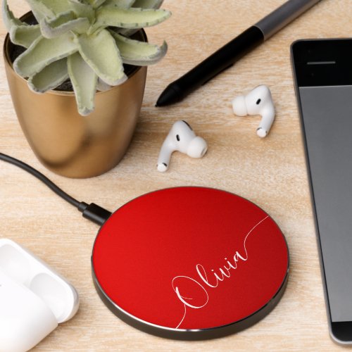 Red Shimmer Elegant Calligraphy Script Name Wireless Charger