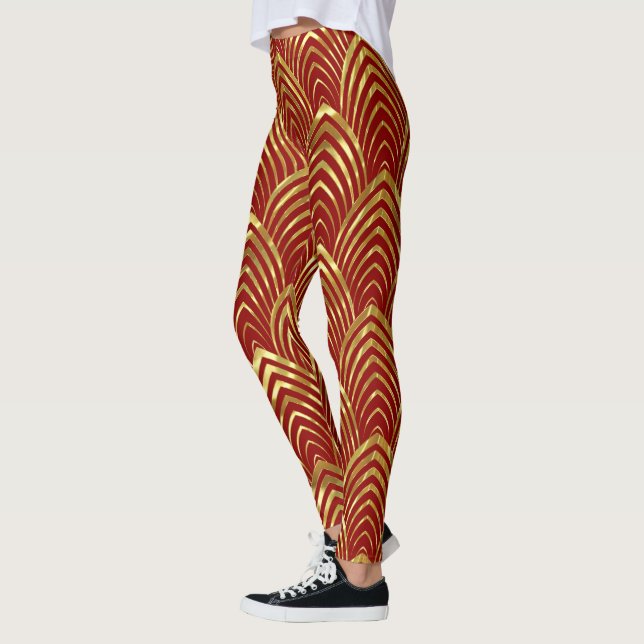 Red & Shiny Gold Art-Deco Geometric Pattern Leggings (Left)
