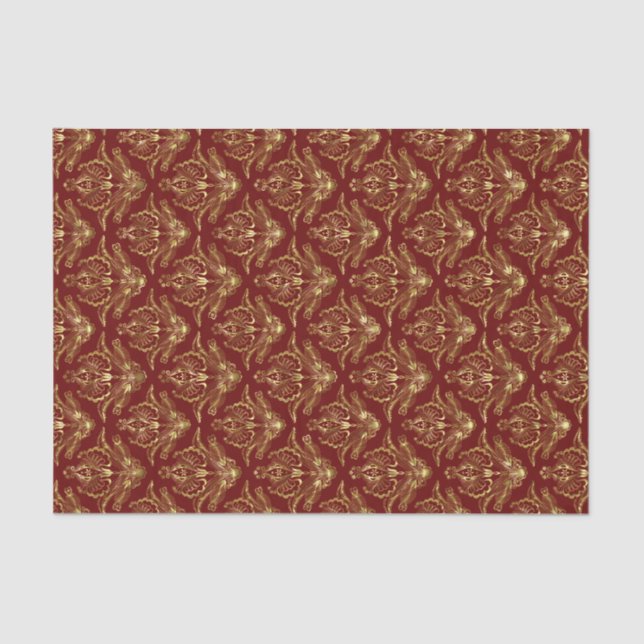 Red & Shiny Gold Floral Damasks Pattern Tissue Paper (Front)