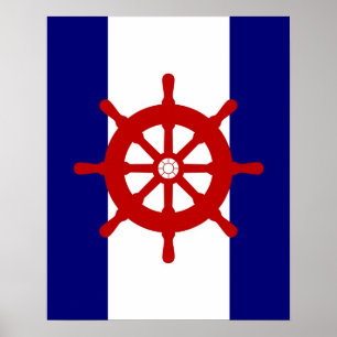 Red Ships Wheel navy & white stripes print poster