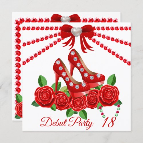 Red Shoes Jewels And Rose Flower 18th Birthday  Invitation