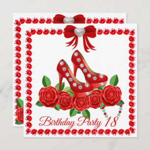 Red Shoes, Jewels And Rose Flower 18th Birthday Invitation