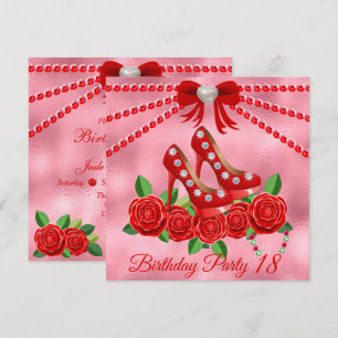 Red Shoes, Jewels And Rose Flower 18th Birthday Invitation
