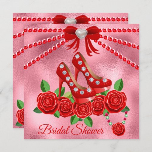 Red Shoes Jewels And Rose Flower Bridal Shower Invitation