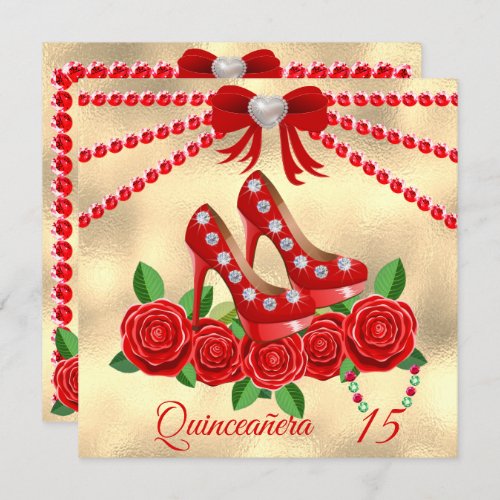 Red Shoes Jewels And Rose Flower Quinceaera  Invitation