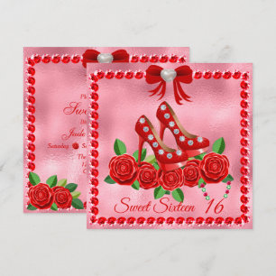 Red Shoes, Jewels And Rose Flower Sweet Sixteen Invitation