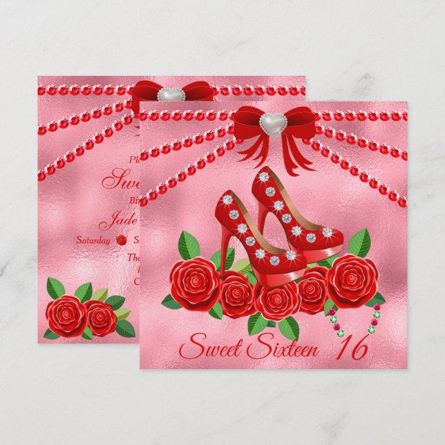 Red Shoes, Jewels And Rose Flower Sweet Sixteen  Invitation (Front/Back)