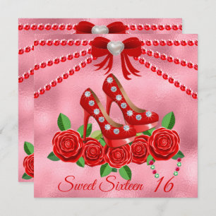 Red Shoes, Jewels And Rose Flower Sweet Sixteen Invitation