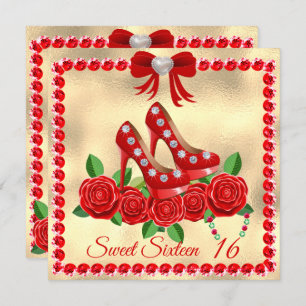 Red Shoes, Jewels And Rose Flower Sweet Sixteen Invitation