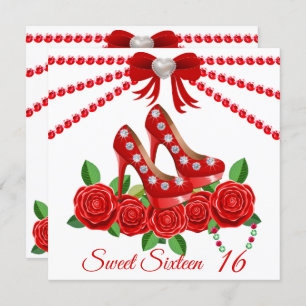 Red Shoes, Jewels And Rose Flower Sweet Sixteen Invitation