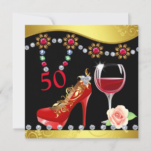 Red Shoes Wine  Jewels 50th Birthday Invitation