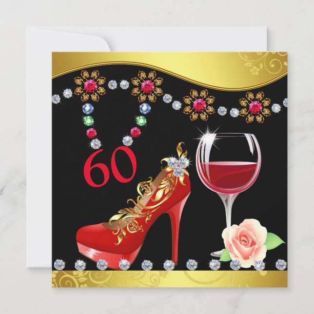 Red Shoes, Wine & Jewels 60th Birthday Invitation (Front)