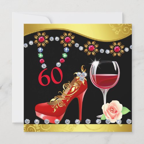 Red Shoes Wine  Jewels 60th Birthday Invitation