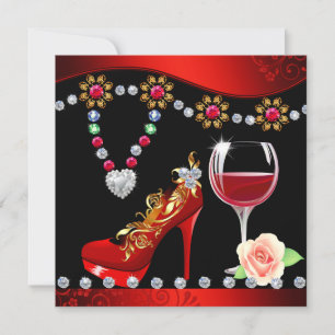 Red Shoes, Wine & Jewels Black & Red Bridal shower Invitation