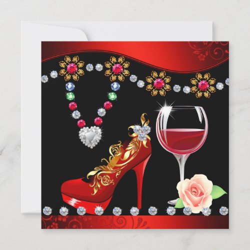 Red Shoes Wine  Jewels Black  Red Bridal shower Invitation