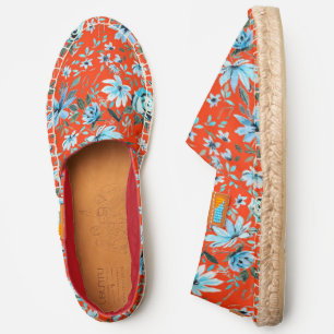 Red shoes with blue painterly floral pattern
