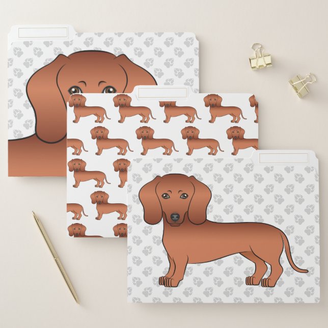 Red Short Hair Dachshund Cute Cartoon Dog File Folder (Set)