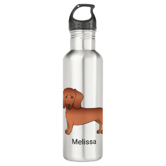 Red Short Hair Dachshund Cute Cartoon Dog &amp; Name Stainless Steel Water Bottle