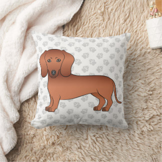 Red Short Hair Dachshund Cute Cartoon Dog &amp; Paws Throw Pillow