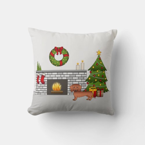 Red Short Hair Dachshund Cute Dog _ Christmas Room Throw Pillow