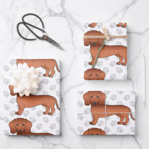 Red Short Hair Dachshund Cute Dog Pattern & Paws Wrapping Paper Sheets