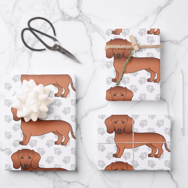 Red Short Hair Dachshund Cute Dog Pattern & Paws Wrapping Paper Sheets (Front)