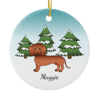 Red Short Hair Dachshund Cute Dog - Winter Forest Ceramic Ornament