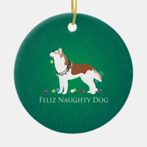 Red Siberian Husky Feliz Naughty Dog Christmas Ceramic Ornament