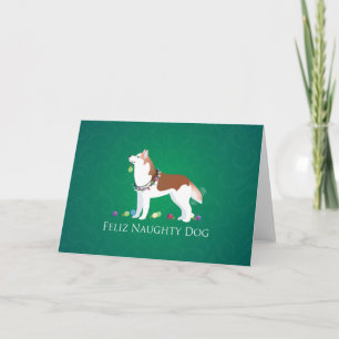 Red Siberian Husky Happy Naughty Dog Christmas Holiday Card