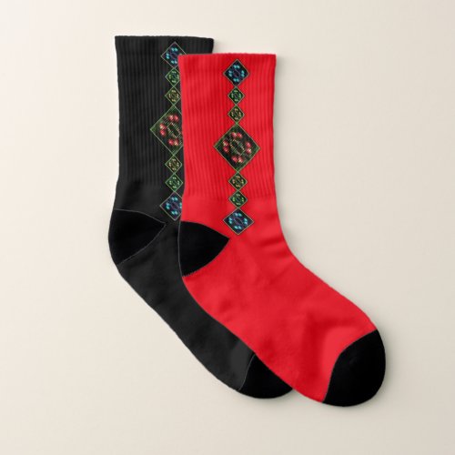 Red Side Black Side with Colorful Mosaid Designs Socks