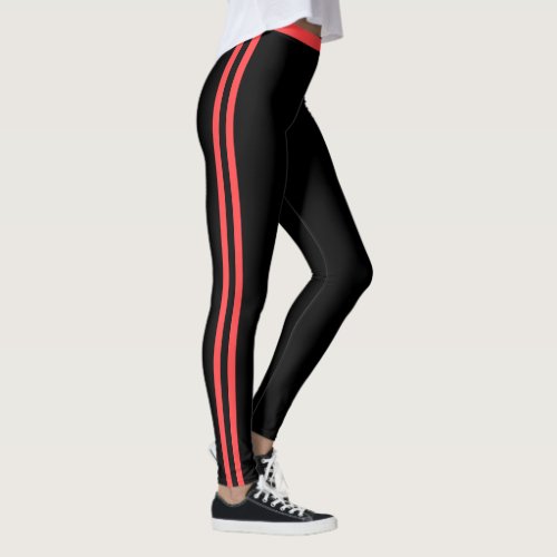 Red Side Stripes Sports Black Leggings Your Colors