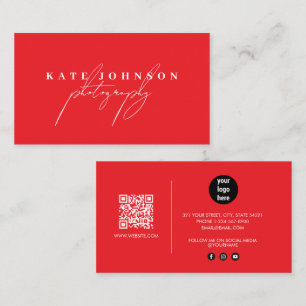 Red Signature Script QR Code Social Media Business Card