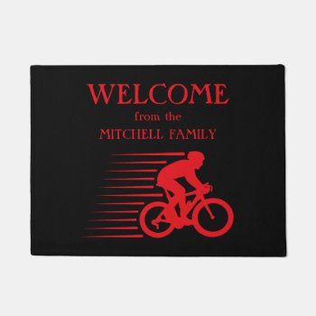 Red Silhouette Bicyclist Welcome Doormat by Westerngirl2 at Zazzle