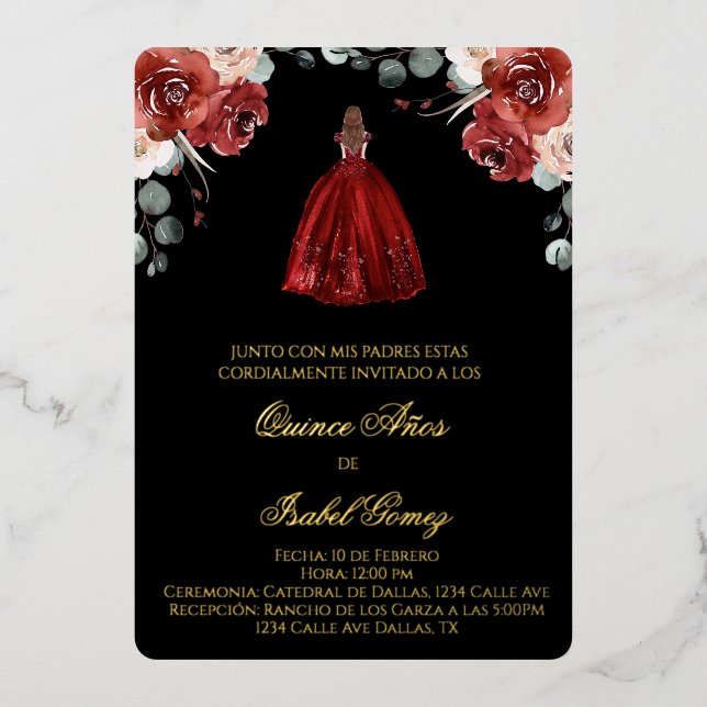 Red silhouette quinceañera invitation foil invit foil invitation (Front)