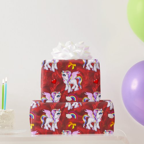 Red Silk and Cute Unicorns  Wrapping Paper