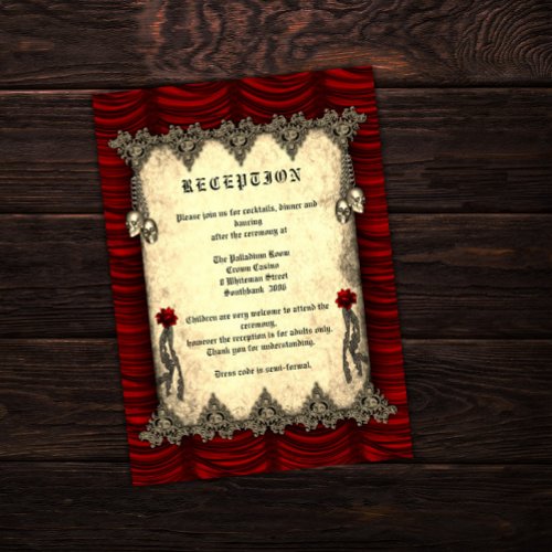 Red Silk and Skulls Gold Gothic Wedding Reception Enclosure Card